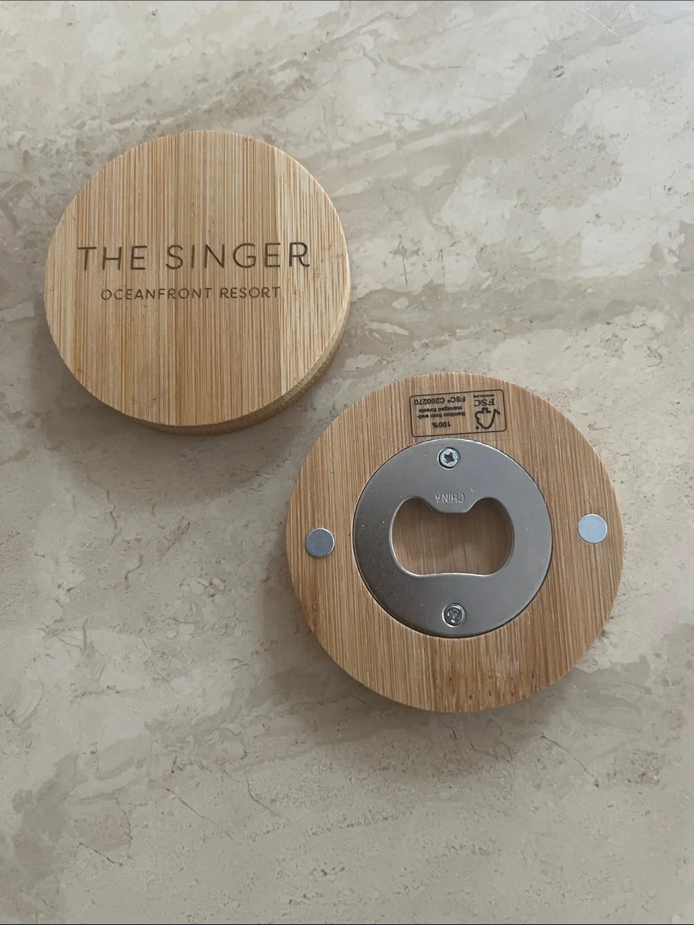 The Singer Oceanfront Resort Bamboo Coasters ,Bottle Opener, Stainless,Magnetic